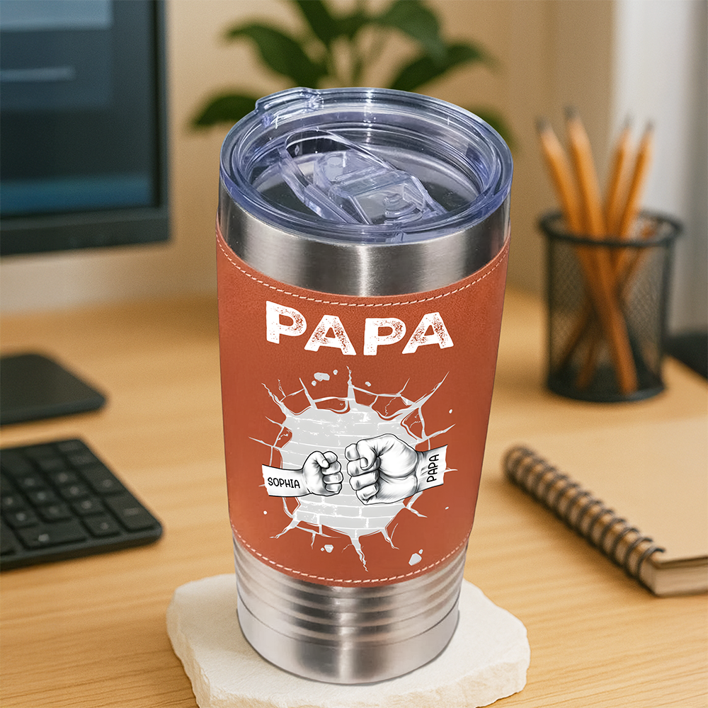 Personalized Leather Tumbler Custom Kids Names Gift for Dad Print Leatherette Tumbler 20oz GradoCreations