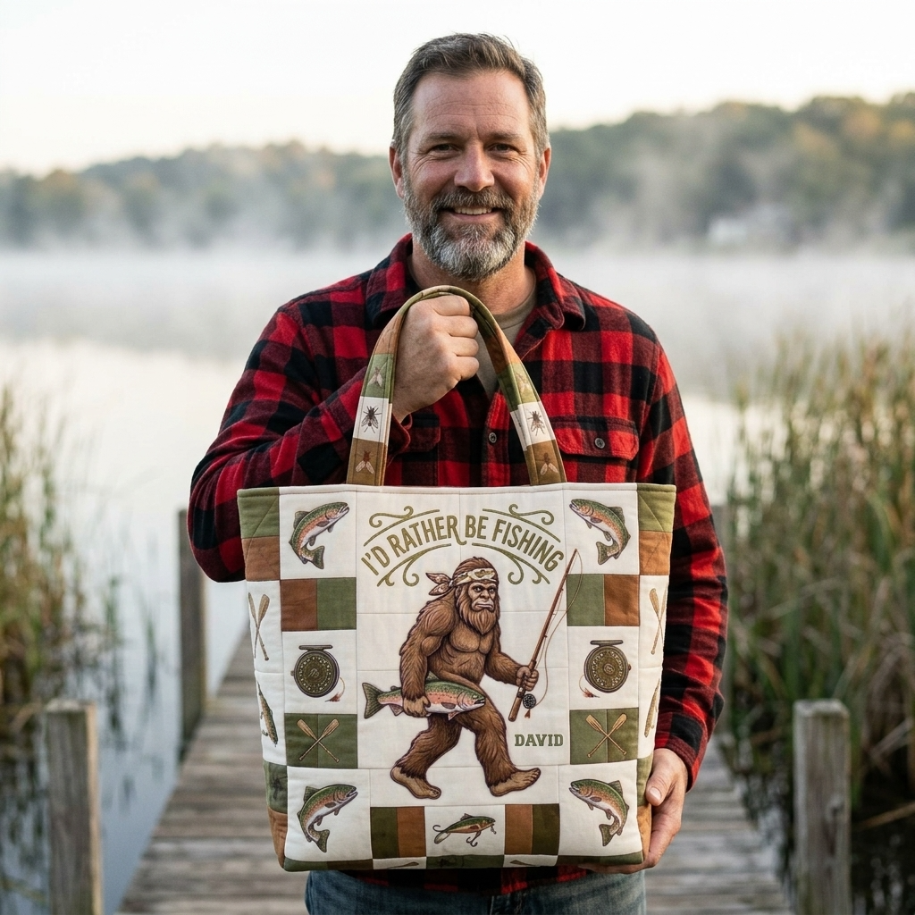 Personalized Bigfoot Fishing Tote Bag Custom Name Gift for Dad