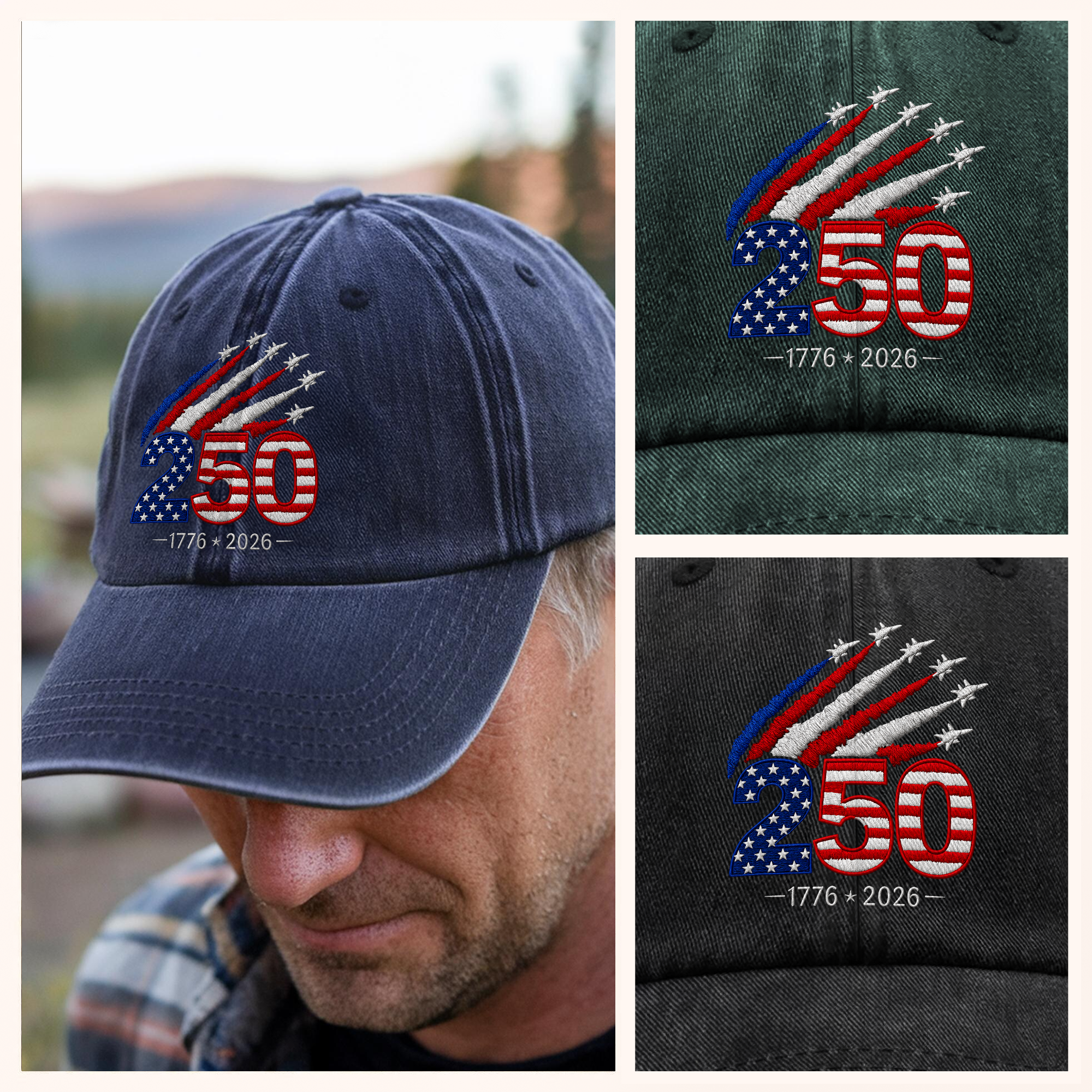 Personalized Washed Denim Baseball Cap 250 Years America Gift HN590 - Washed Denim Baseball Cap GradoCreations