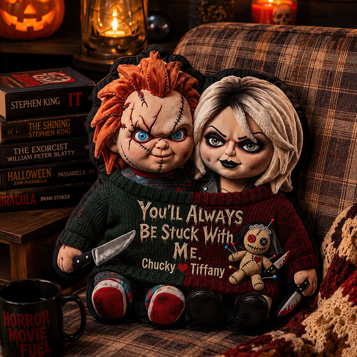Personalized Horror Themed Pillow Custom Chucky & Tiffany Gift for Couples Pillow GradoCreations