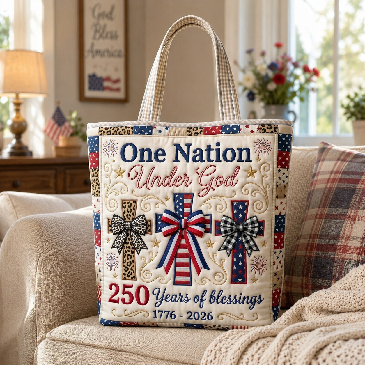 Personalized Patriotic Quilted Tote Bag for Her - 250 Years of Blessings