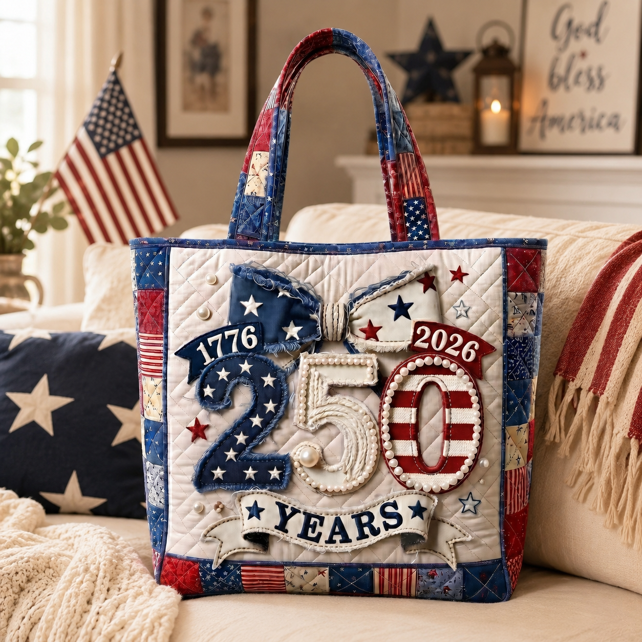 Personalized Quilted Tote Bag USA Flag Design Gift for Her