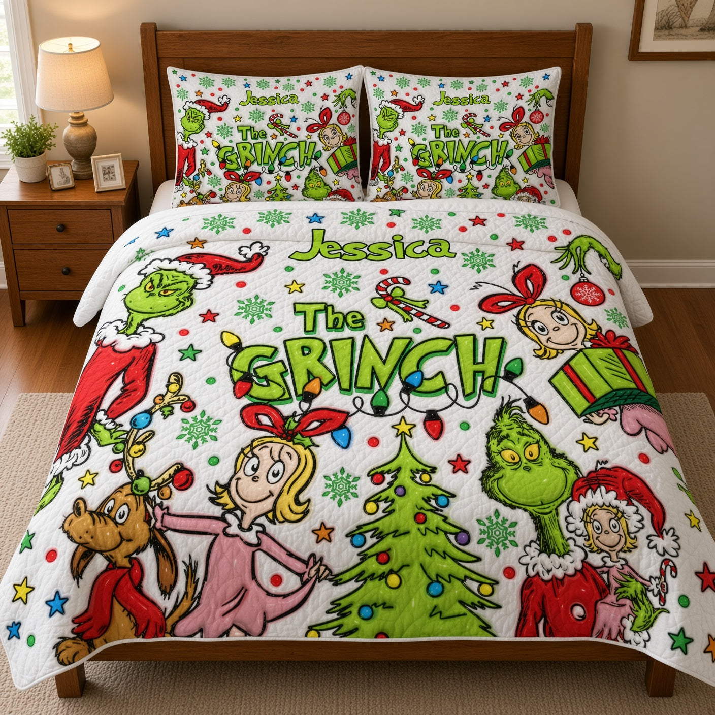 Personalized Grinch Quilted Bedding Set Custom Name Christmas Gift Quilted Bedding Set GradoCreations