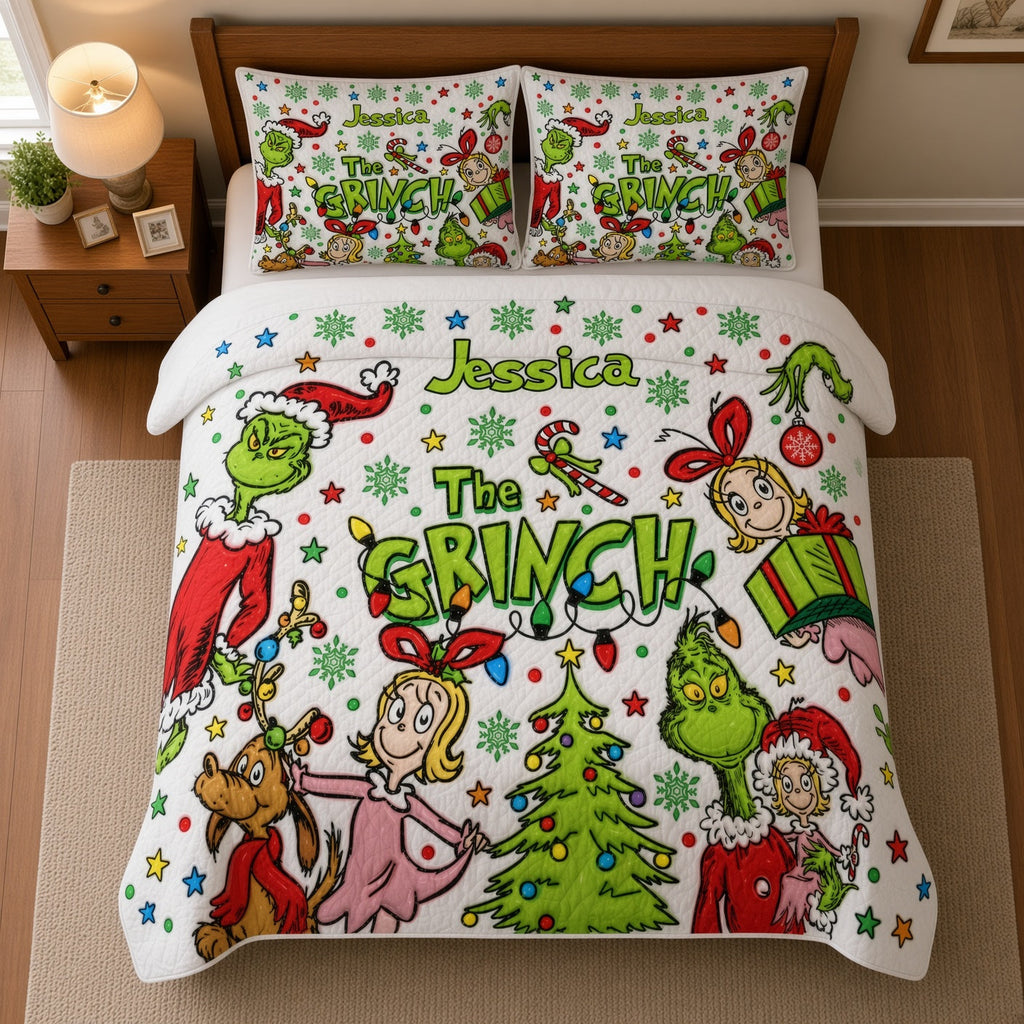 Personalized Grinch Quilted Bedding Set Custom Name Christmas Gift Quilted Bedding Set GradoCreations