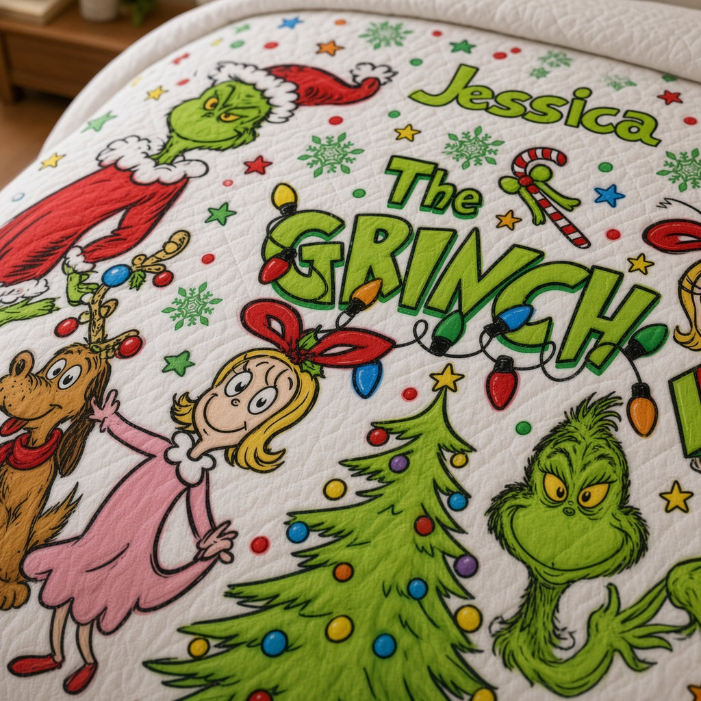 Personalized Grinch Quilted Bedding Set Custom Name Christmas Gift Quilted Bedding Set GradoCreations