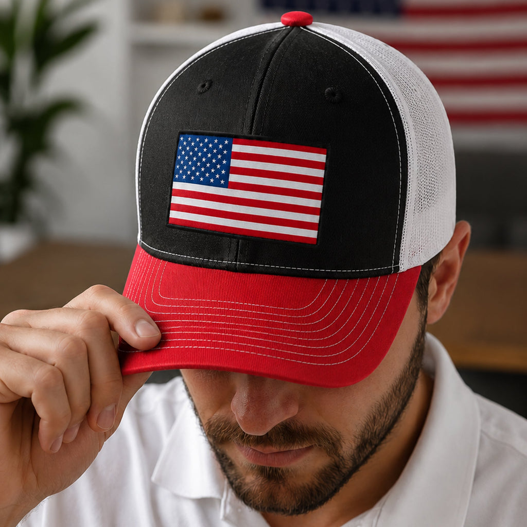 Personalized American Flag Trucker Hat Custom Gift for Dad HN590 - Embroidered Trucker Hat fix GradoCreations