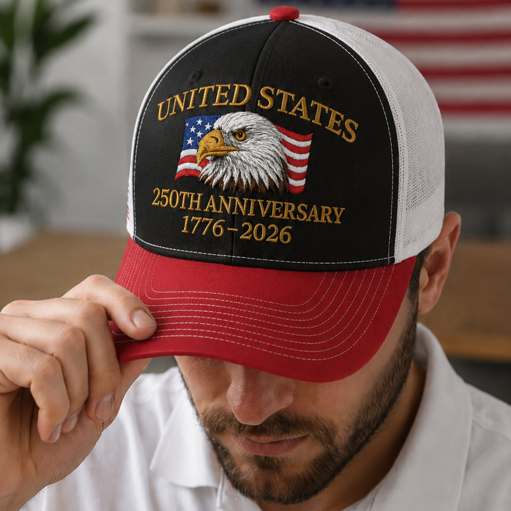 Embroidered Eagle Trucker Hat Custom 250th Anniversary Gift HN590 - Embroidered Trucker Hat fix GradoCreations