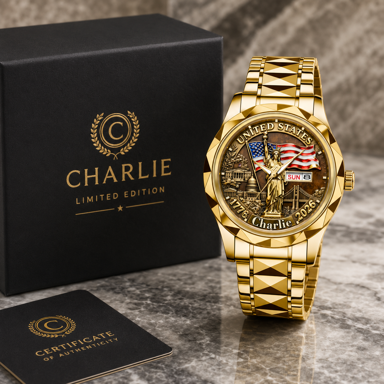 Personalized Gold Wrist Watch with USA Flag Custom Name Gift for Him