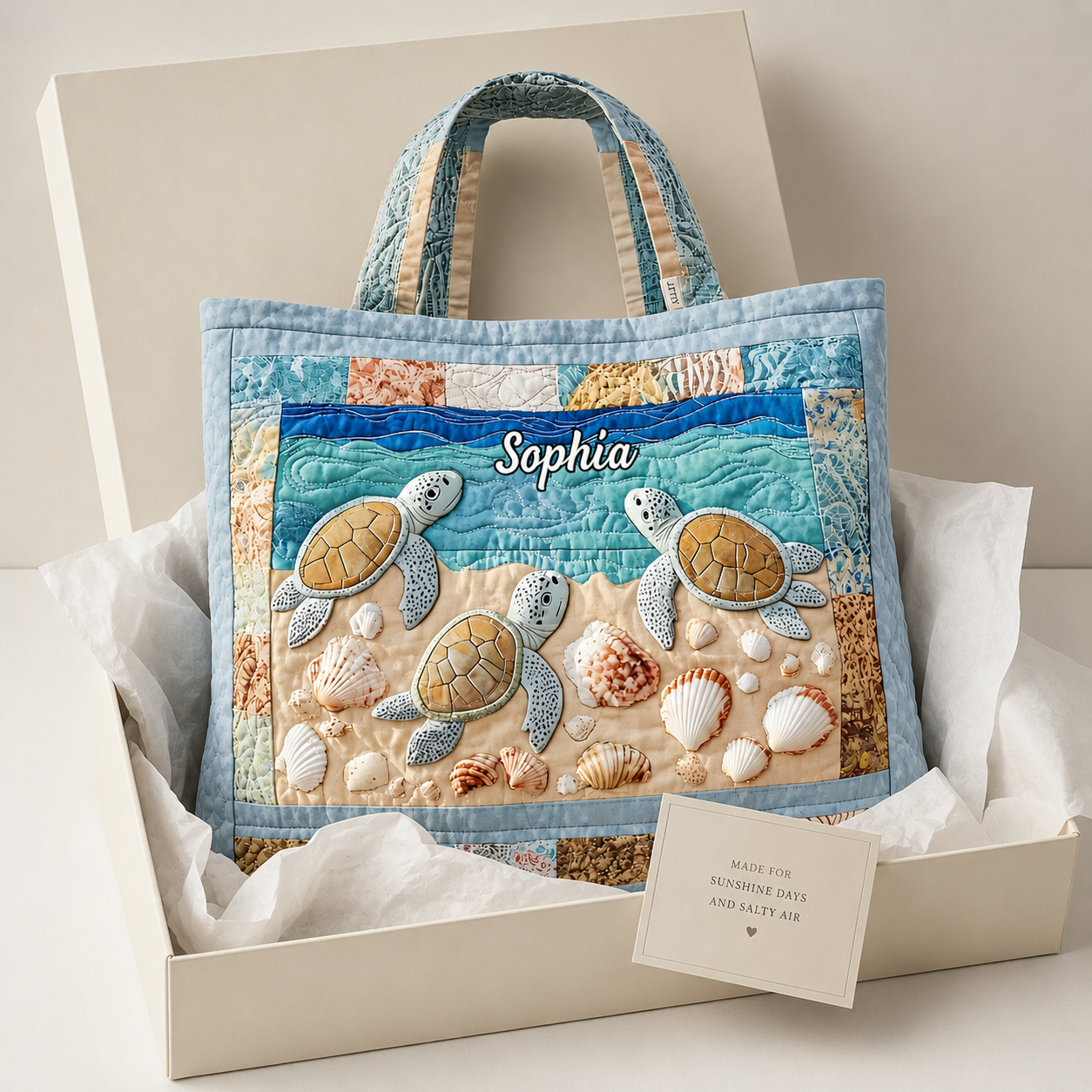 Personalized Quilted Tote Bag with Turtle Design Gift for Her