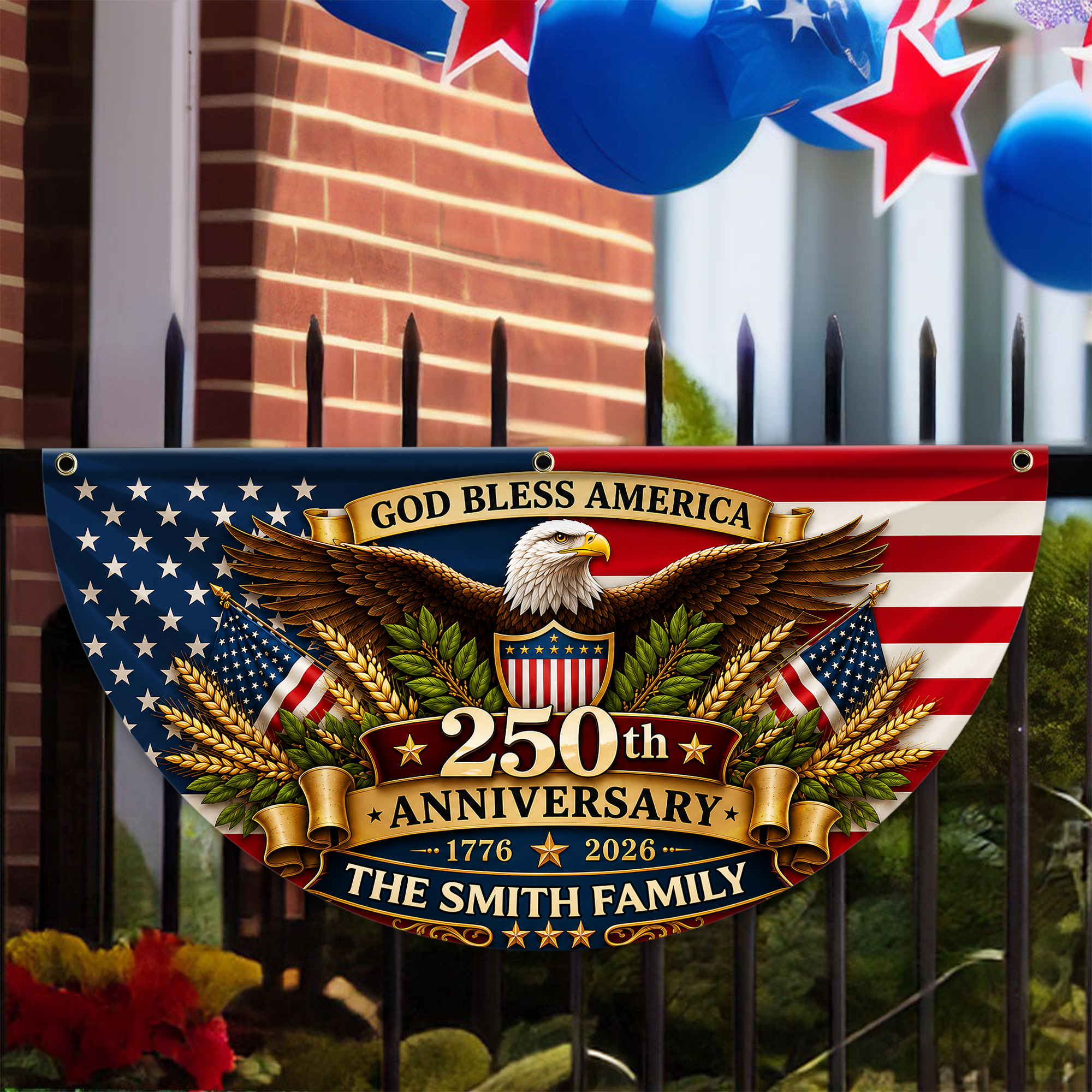 Personalized USA Flag Custom Family Name Gift for 4th of July HN590 - Non-Pleated Fan Flag GradoCreations