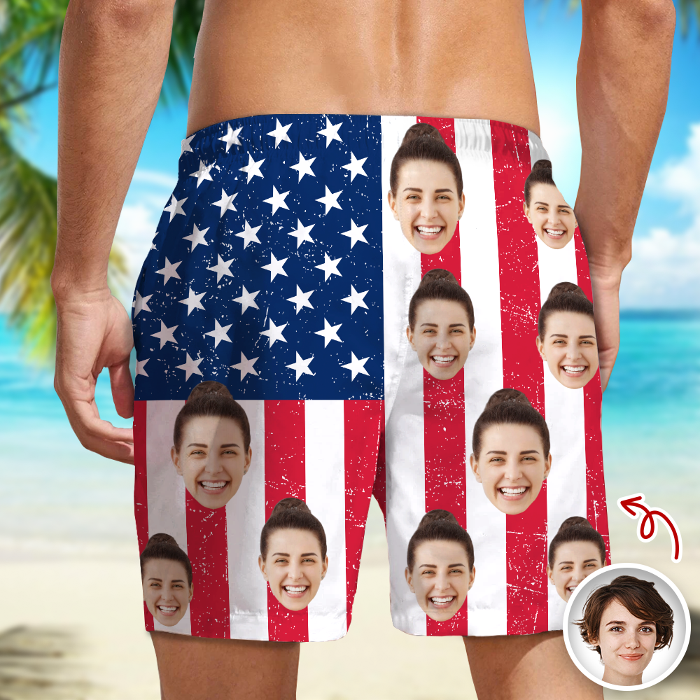 Personalized Funny Face American Flag Beach Shorts Gift for Dad HN590 - Beach-Shorts GradoCreations