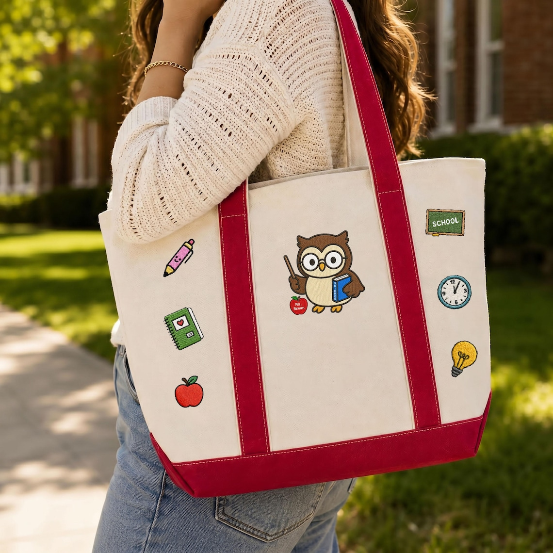 Personalized Teacher Owl Embroidery Tote Bag - Back to School Gift