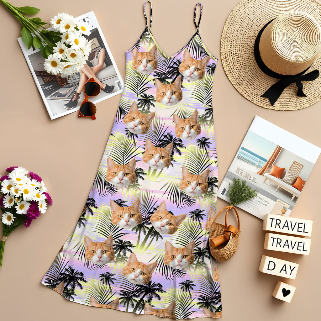 Custom Cat Photo Cami Maxi Dress Personalized Gift for Cat Mom HN590 - Women's V-Neck Cami Maxi Dress GradoCreations