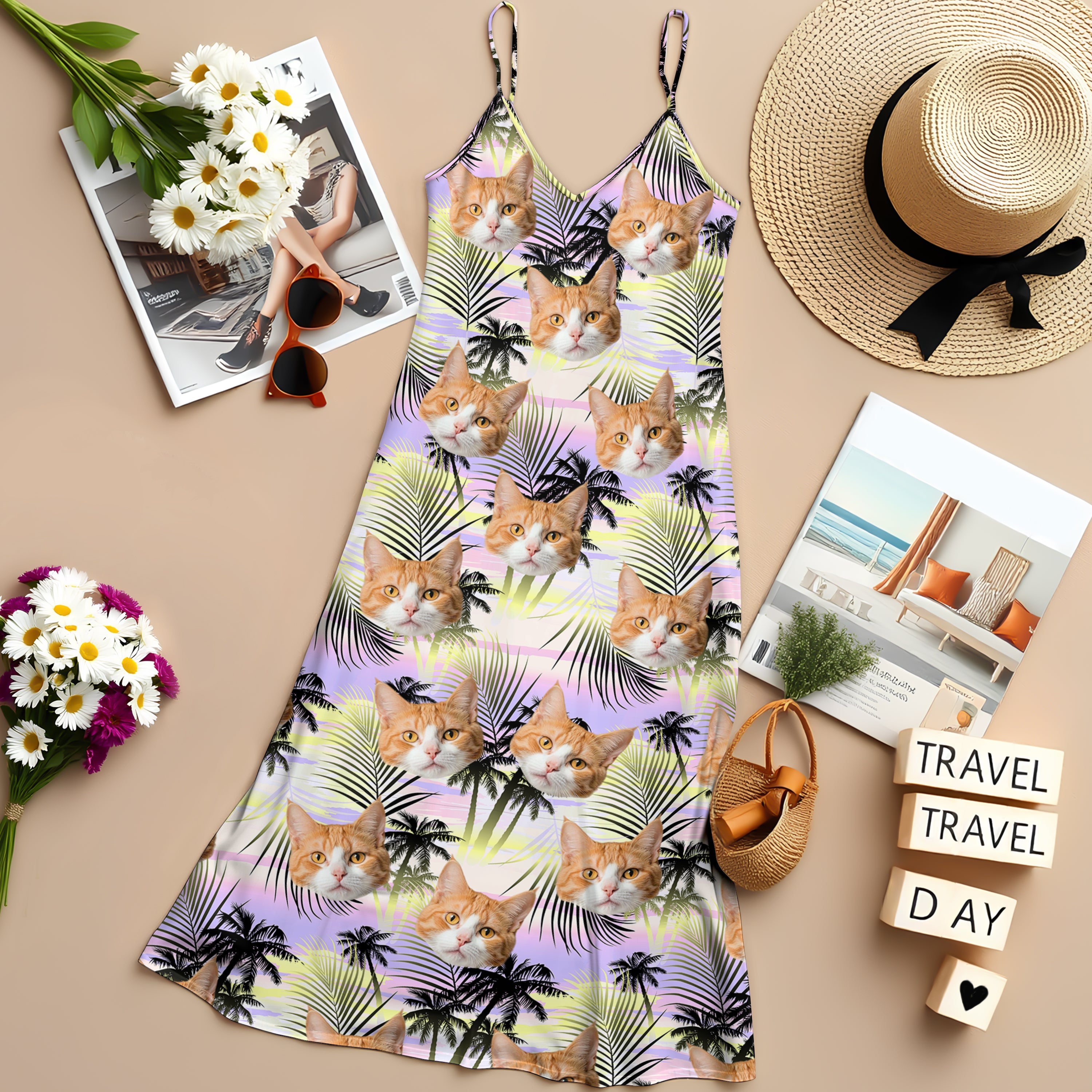 Custom Cat Photo Cami Maxi Dress Personalized Gift for Cat Mom HN590 - Women's V-Neck Cami Maxi Dress GradoCreations