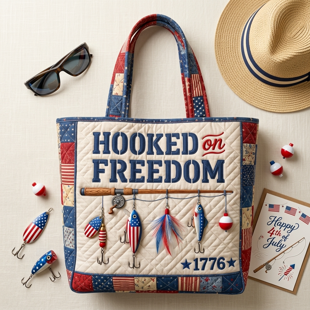 Quilted Fishing Tote Bag with Patriotic Design | Unique Gift for Fisherman