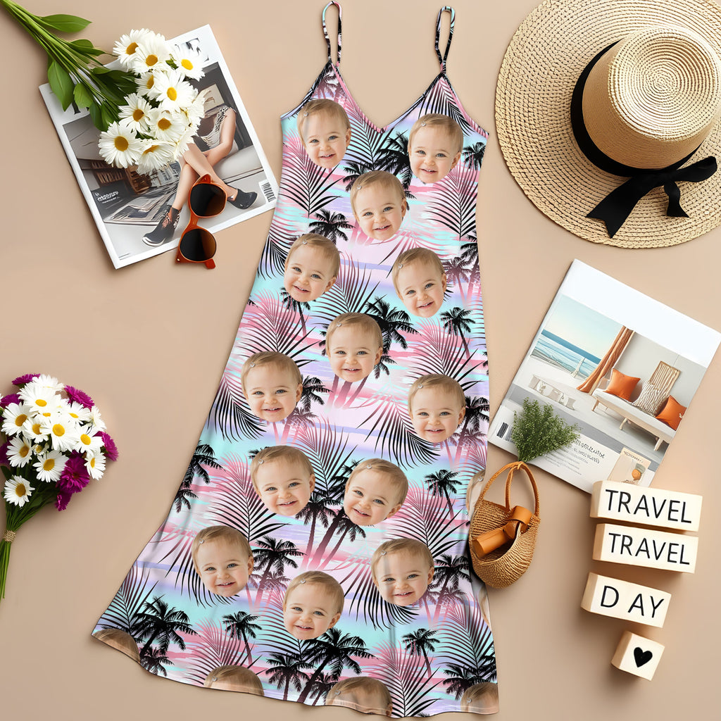 Personalized Tropical Summer Maxi Dress Custom Photo Gift for Mom HN590 - Women's V-Neck Cami Maxi Dress GradoCreations