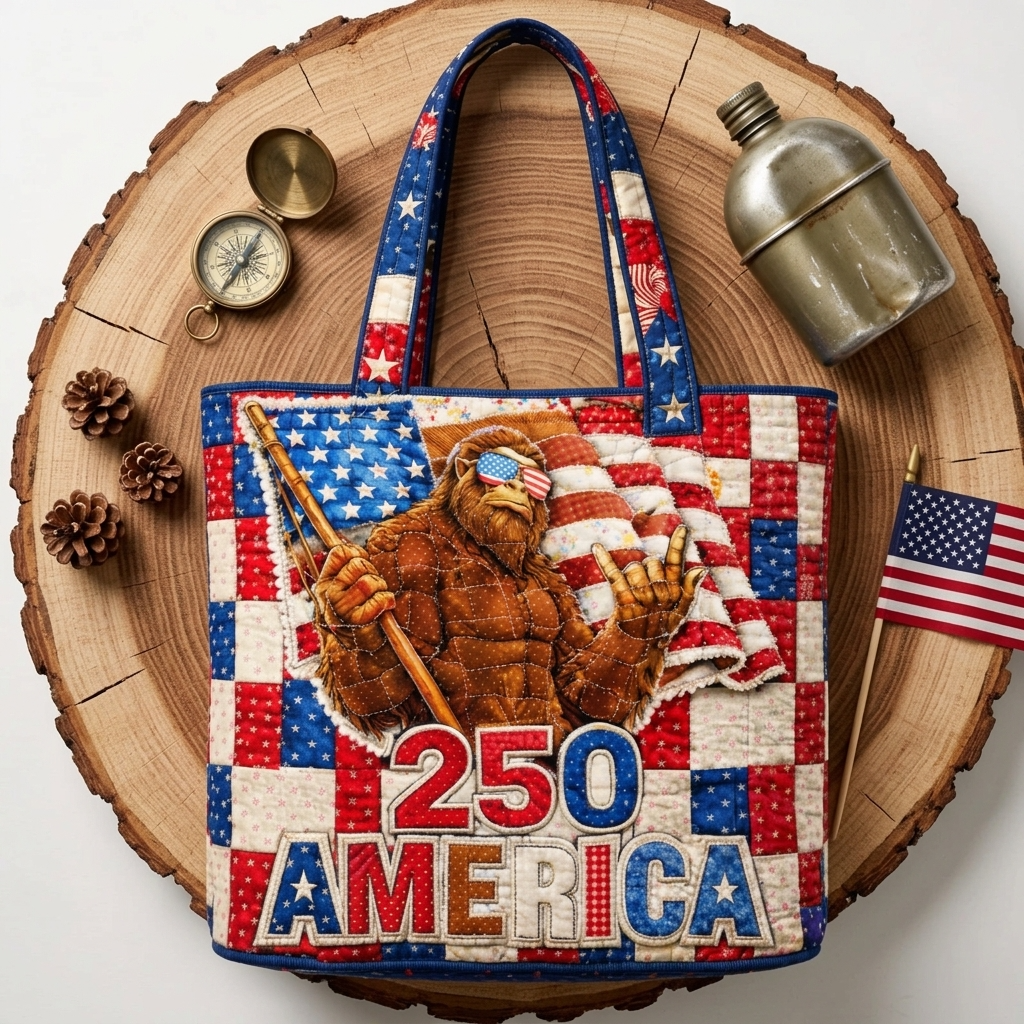 Patriotic Bigfoot Quilted Tote Bag Unique Gift for Her