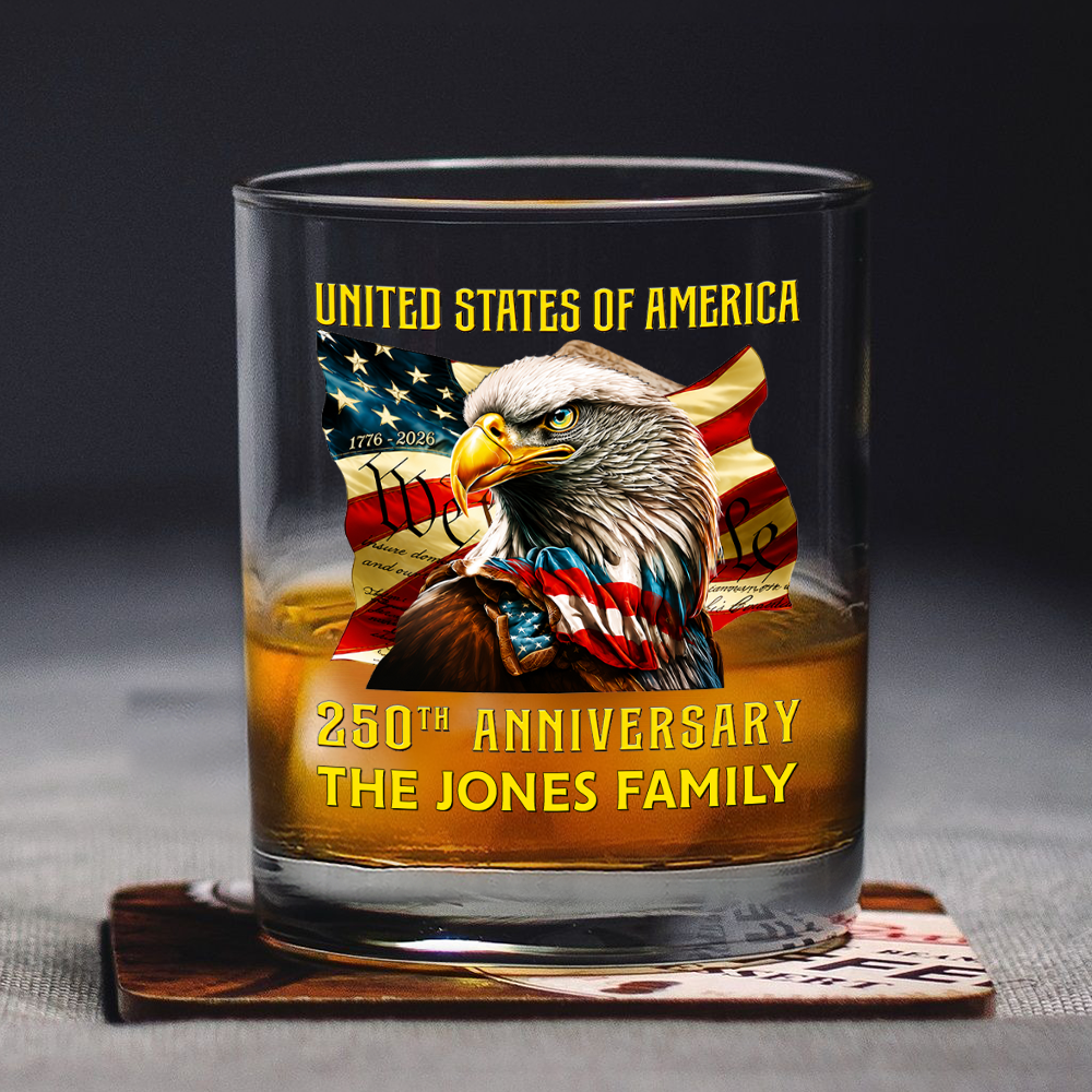 Personalized Family Name Whiskey Glass Patriotic Eagle 250th Anniversary Gift HN590 - Print Rock Glass GradoCreations