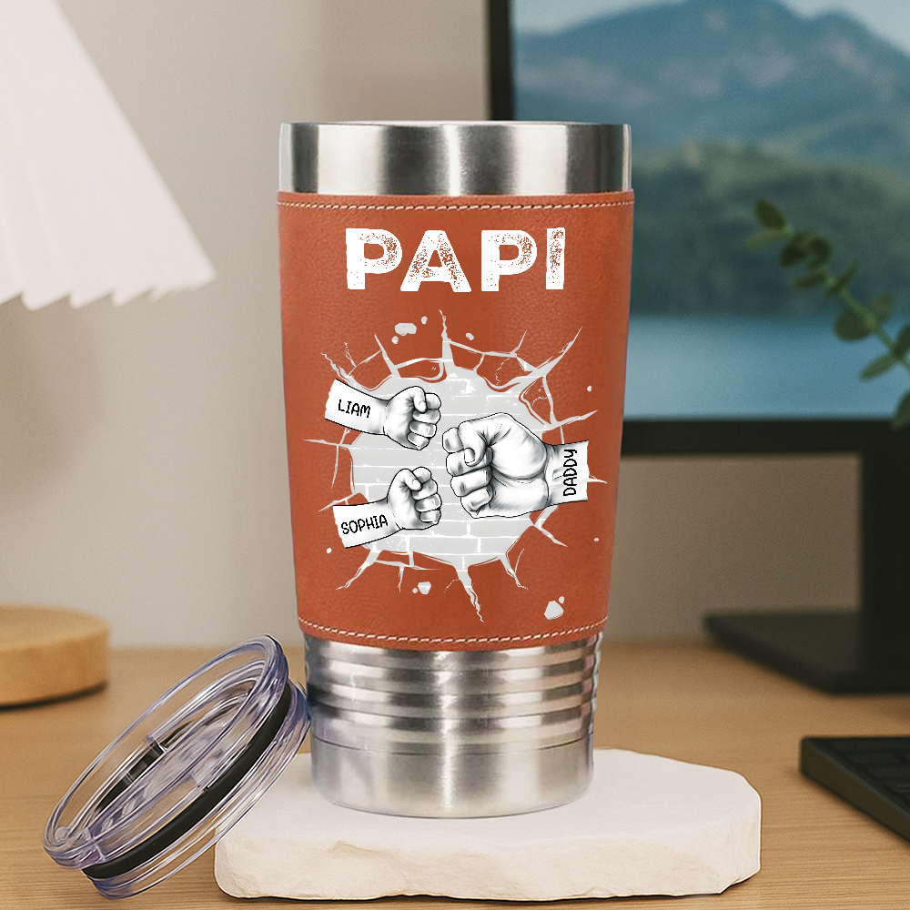 Personalized Leather Tumbler Custom Kids Names Gift for Dad Print Leatherette Tumbler 20oz GradoCreations