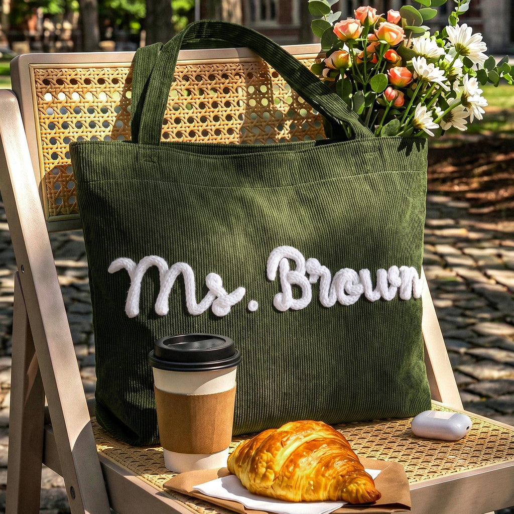 Personalized Corduroy Yarn Tote Bag Teacher Gift Custom Name Corduroy Yarn Tote Bag FIX GradoCreations