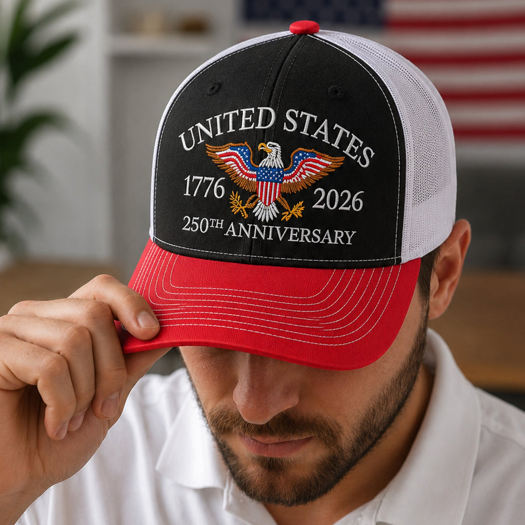 Personalized 250th Anniversary Eagle Embroidered Trucker Hat Gift HN590 - Embroidered Trucker Hat fix GradoCreations