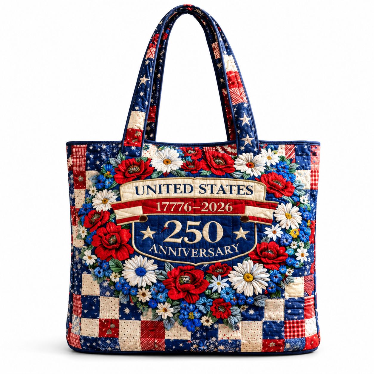 US 250th Anniversary Floral Quilted Tote Bag Patriotic Gift for Her