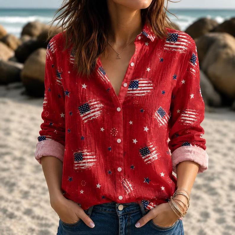 Personalized American Flag Blouse Shirt 4th of July Gift for Her HN590 - Blouse Shirt GradoCreations
