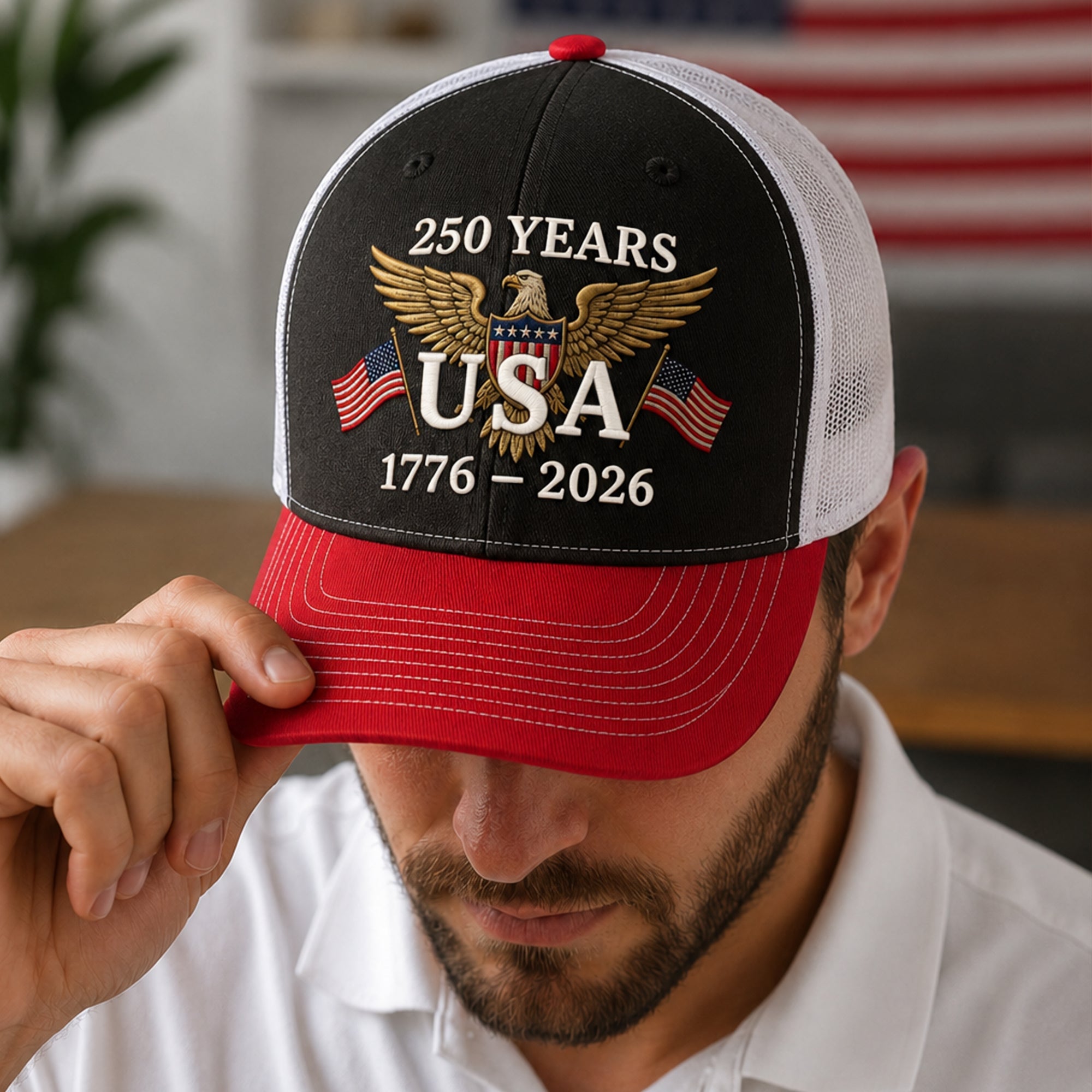 Personalized Eagle Trucker Hat Custom Name Independence Day Gift HN590 - Embroidered Trucker Hat fix GradoCreations