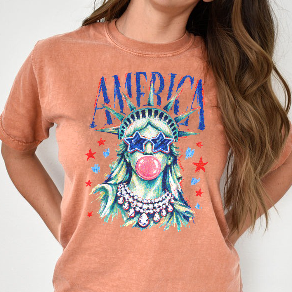 Personalized 4th of July Comfort Shirt with Statue of Liberty Comfort Shirt GradoCreations