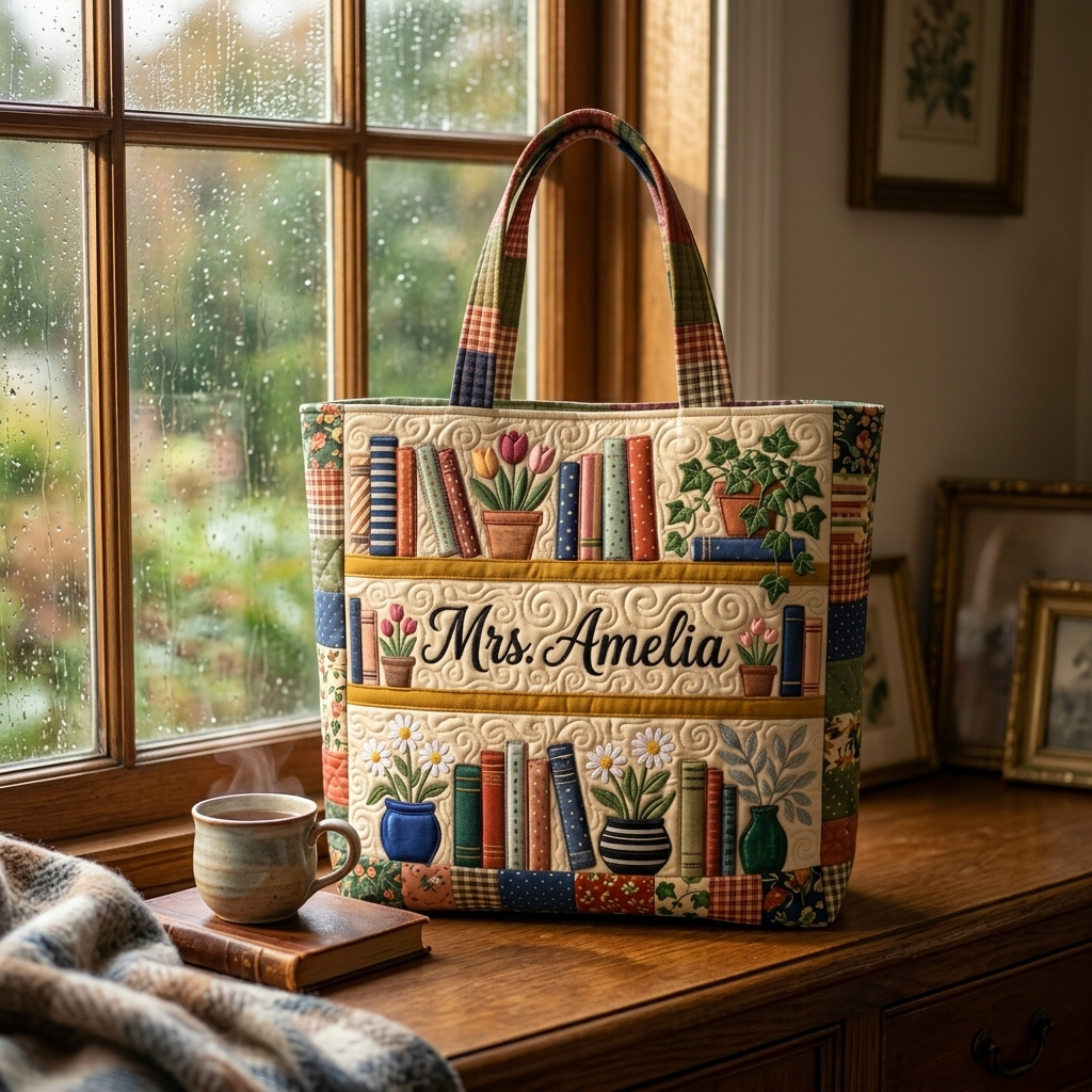 Personalized Quilted Tote Bag with Floral Bookshelf Design Gift for Teacher