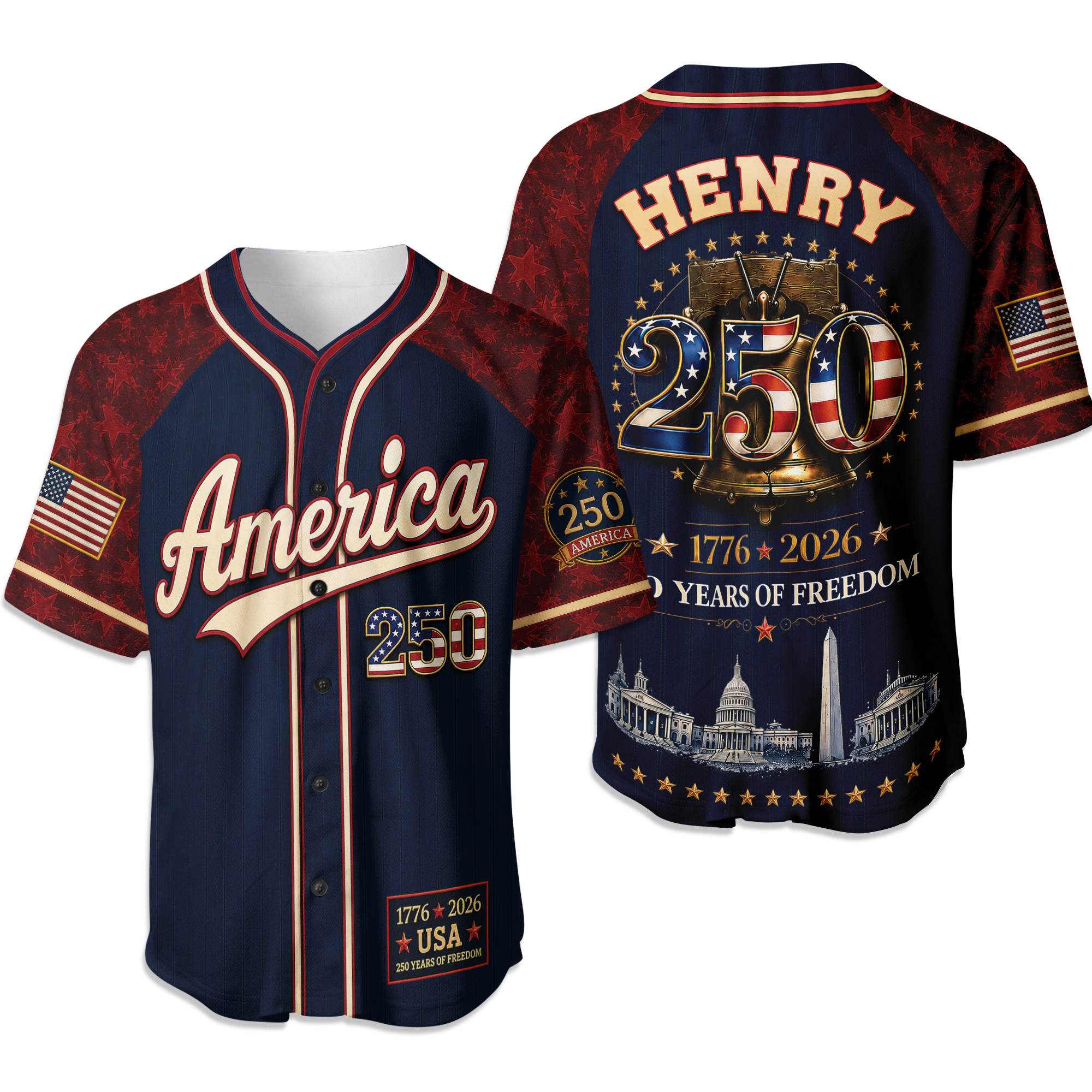 Personalized 250 Years of Freedom Baseball Jersey Custom Name Gift Jersey Baseball Shirt GradoCreations