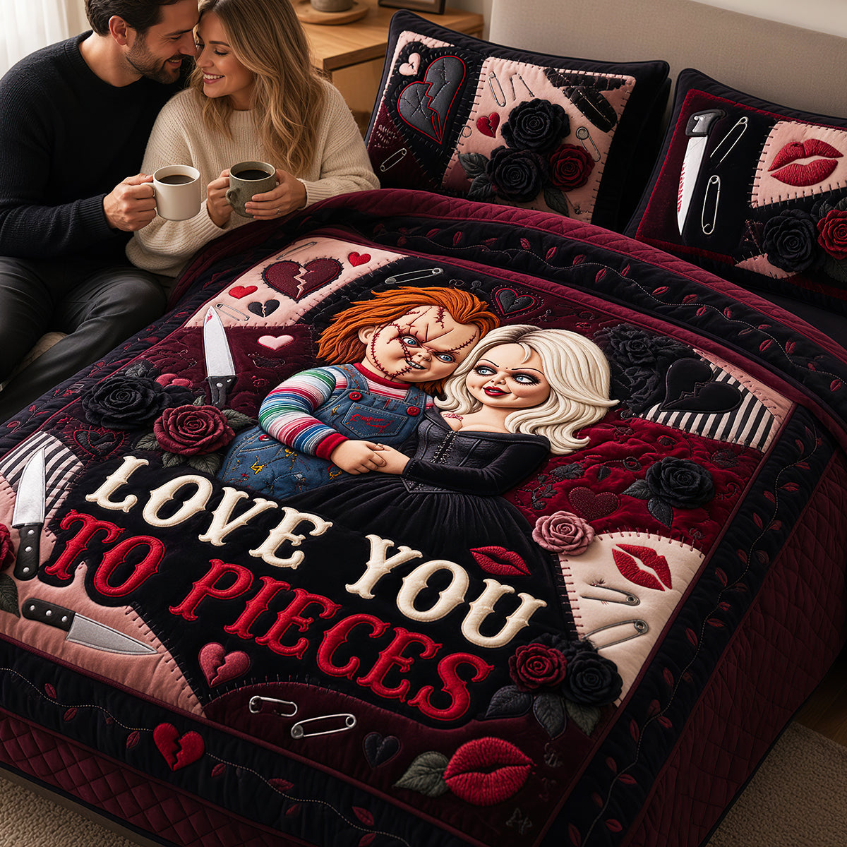 Personalized Horror Love Quilted Bedding Set for Couples Quilted Bedding Set GradoCreations