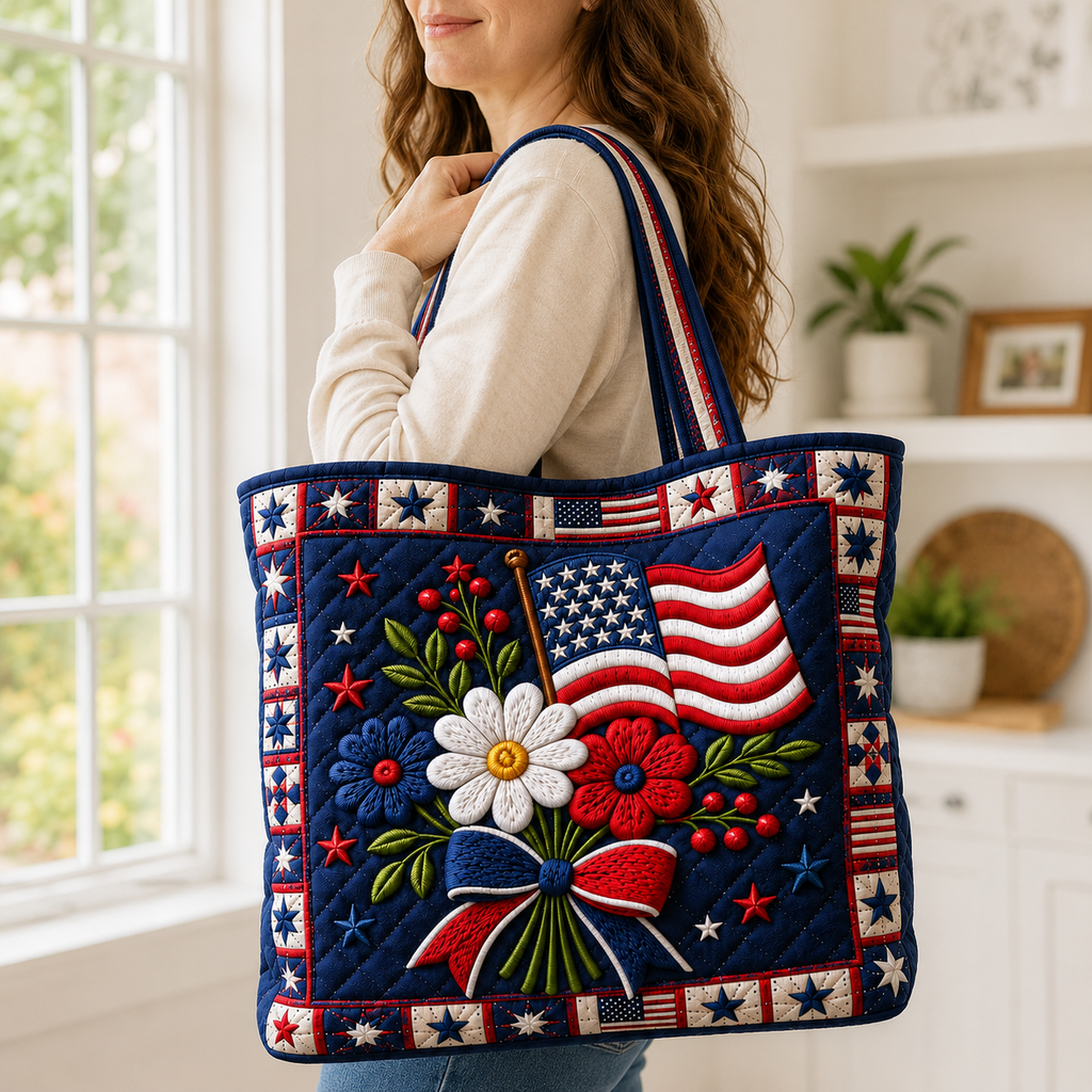 Patriotic Floral Quilted Tote Bag American Flag Gift for Her