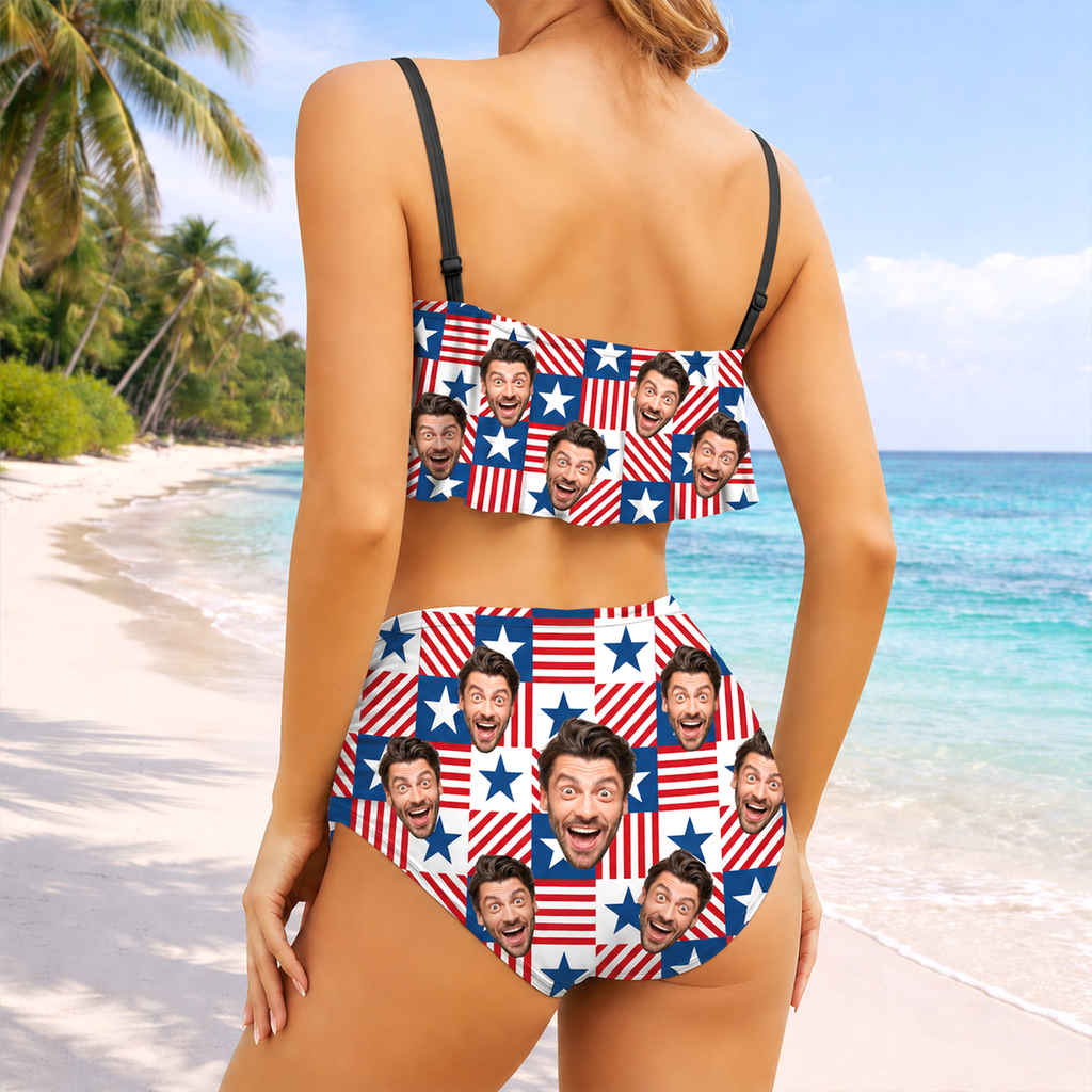 Personalized Photo American Flag Bikini Swimsuit Gift for Women HN590 - Bikini Swimsuit GradoCreations