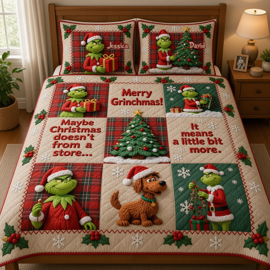 Personalized Grinchmas Quilted Bedding Set Custom Name Gift Quilted Bedding Set GradoCreations