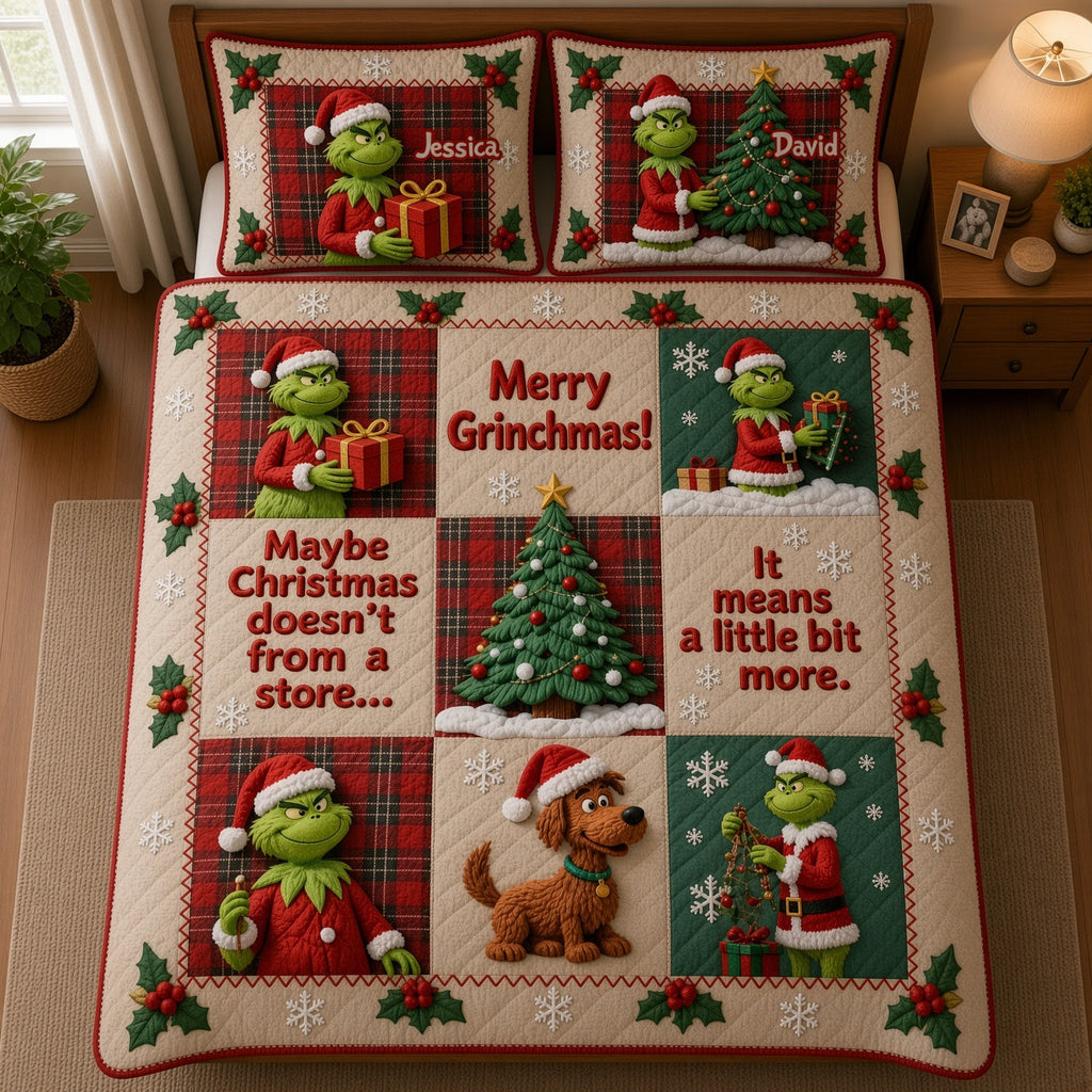 Personalized Grinchmas Quilted Bedding Set Custom Name Gift Quilted Bedding Set GradoCreations