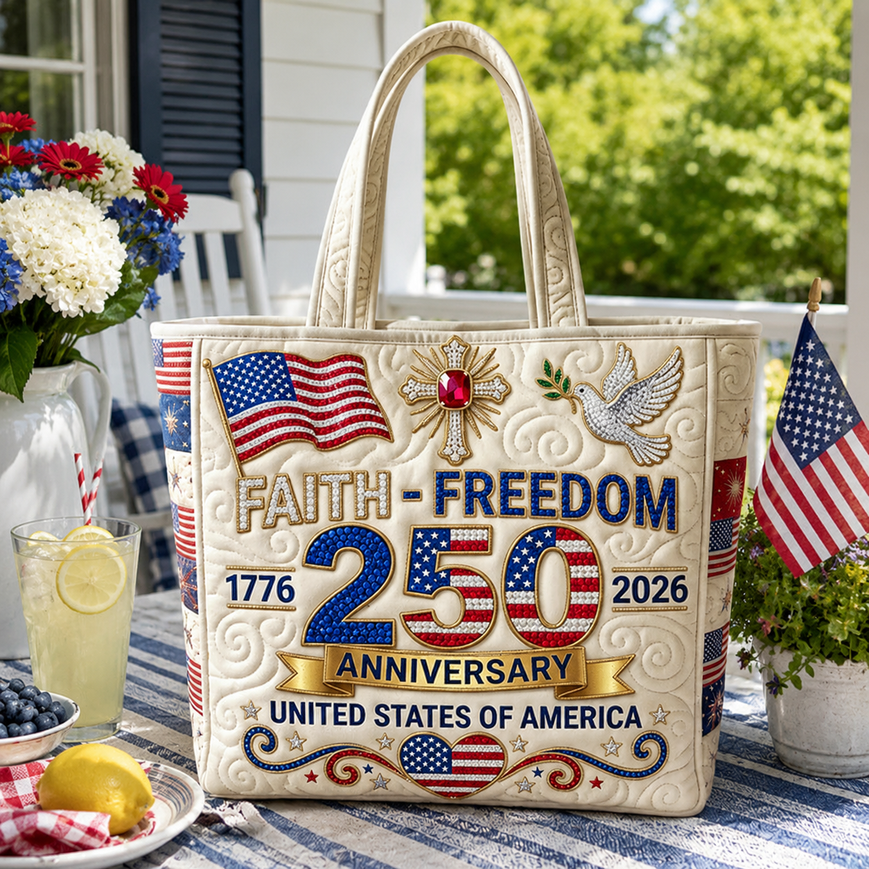 Personalized Patriotic Quilted Tote Bag USA Flag Heart Gift for Her