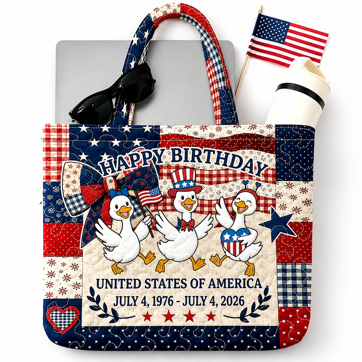 Quilted Tote Bag Happy Birthday USA Gift for Patriots