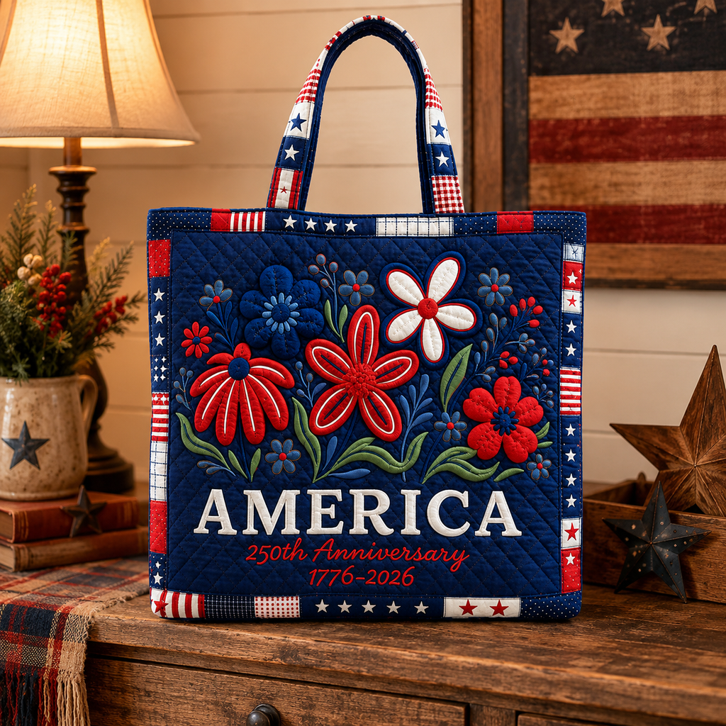 Personalized Patriotic Quilted Tote Bag Floral America 250th Anniversary Gift for Her