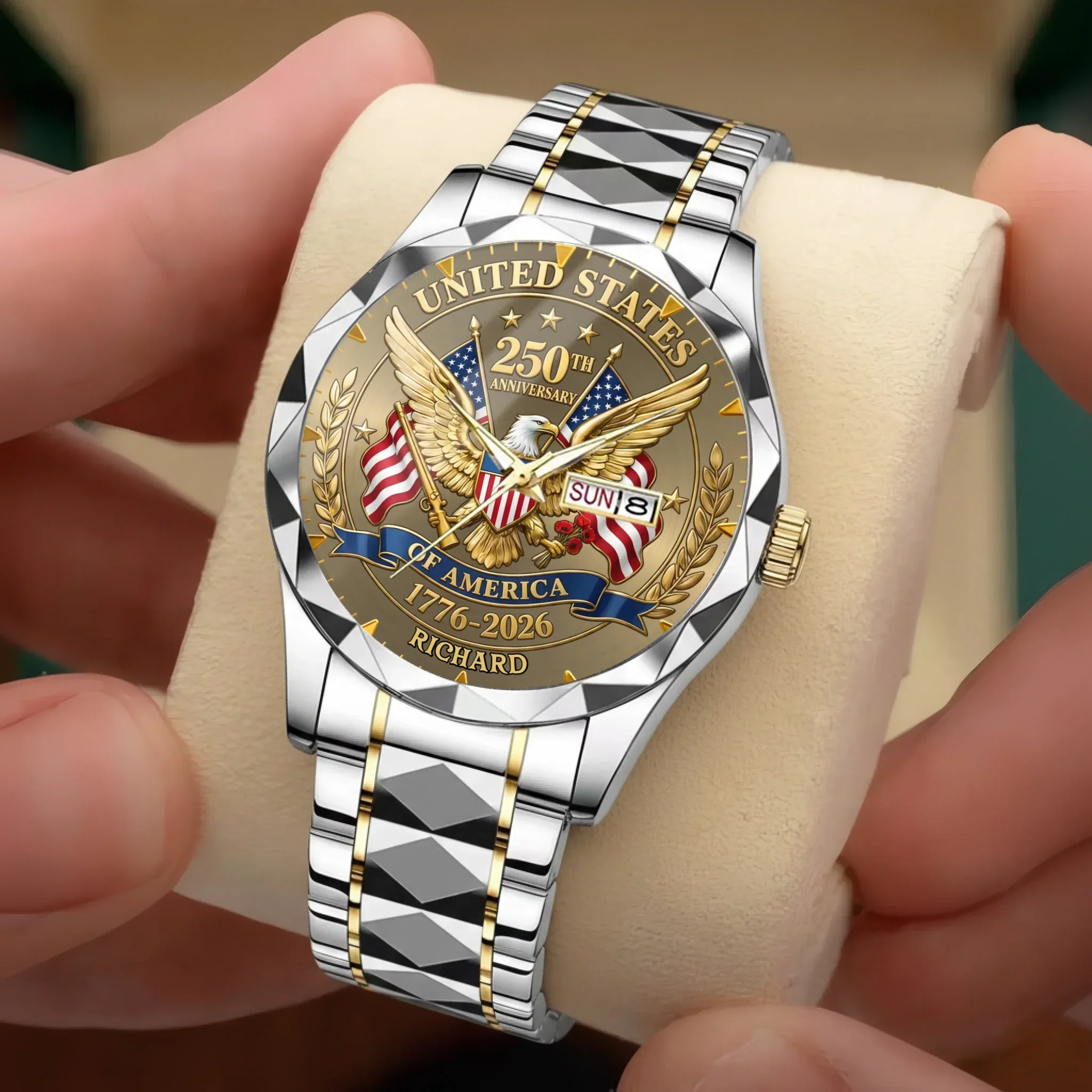 Personalized 250th Anniversary American Flag Men's Watch Gift for Patriots