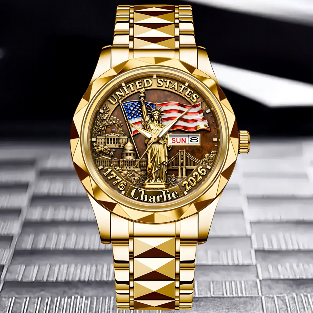 Personalized Gold Wrist Watch with USA Flag Custom Name Gift for Him