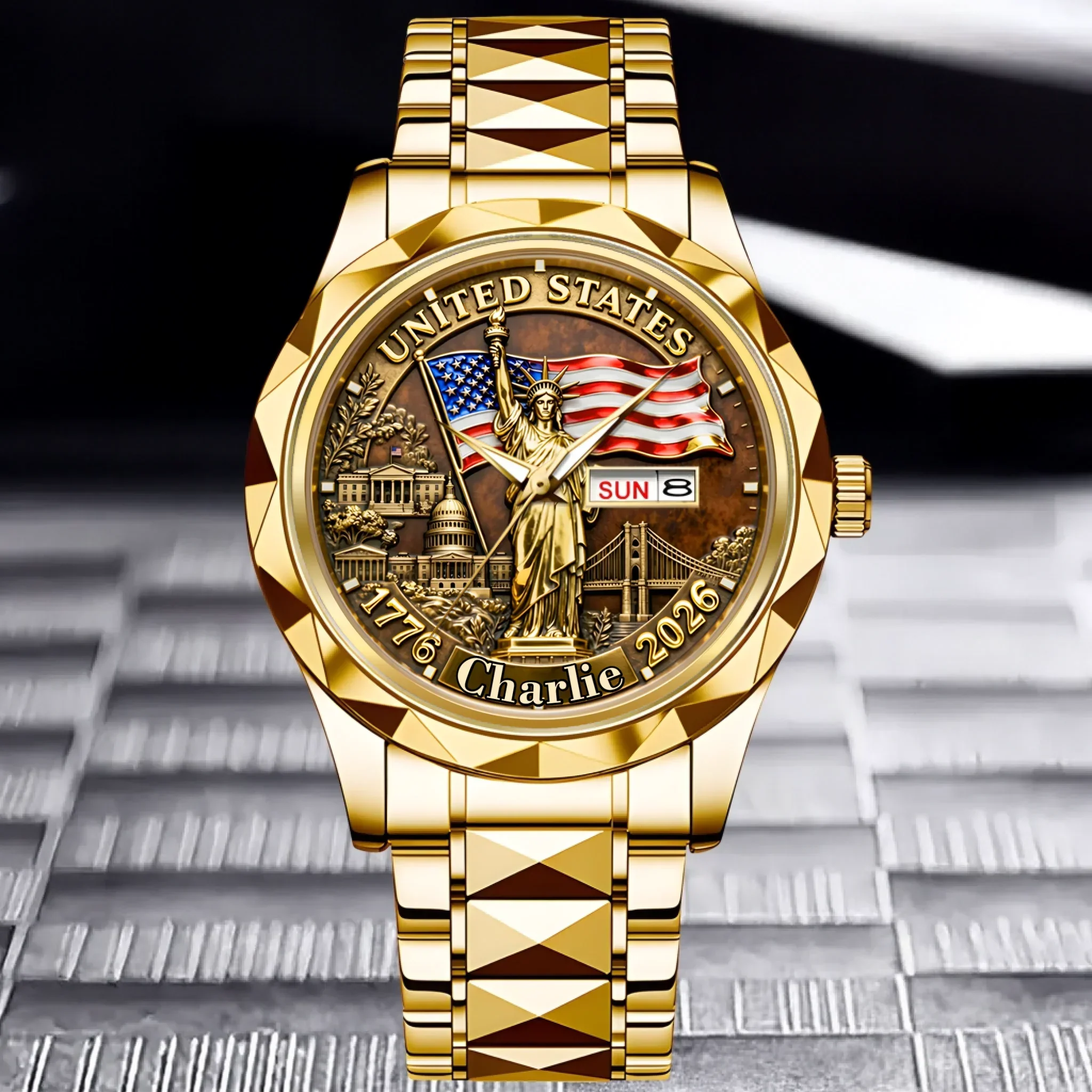 Personalized Gold Wrist Watch with USA Flag Custom Name Gift for Him
