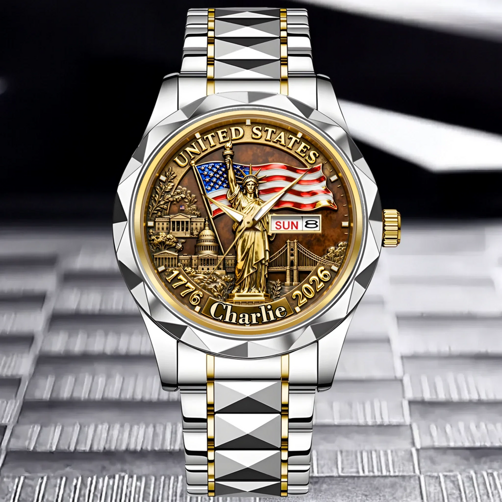 Personalized Gold Wrist Watch with USA Flag Custom Name Gift for Him