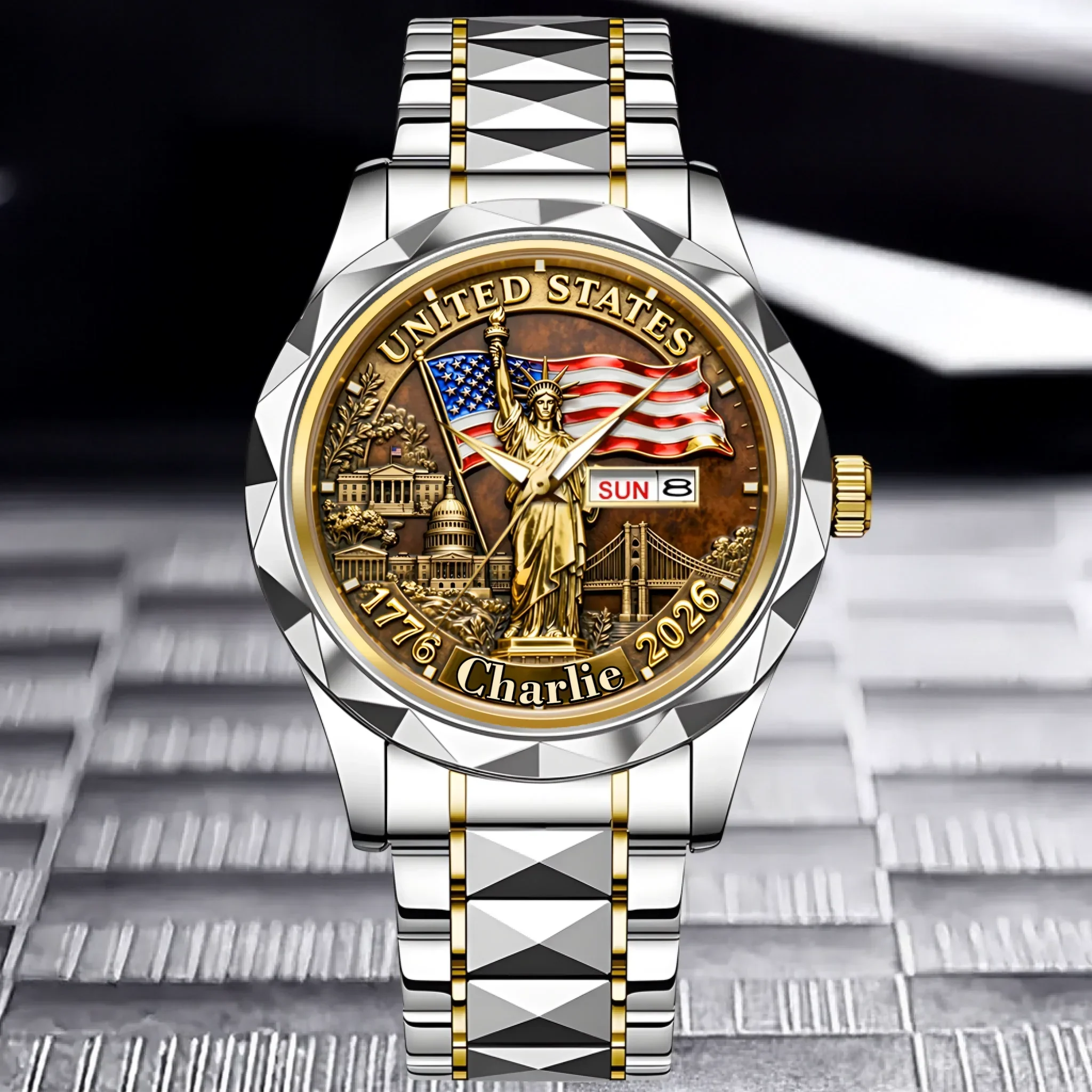 Personalized Gold Wrist Watch with USA Flag Custom Name Gift for Him