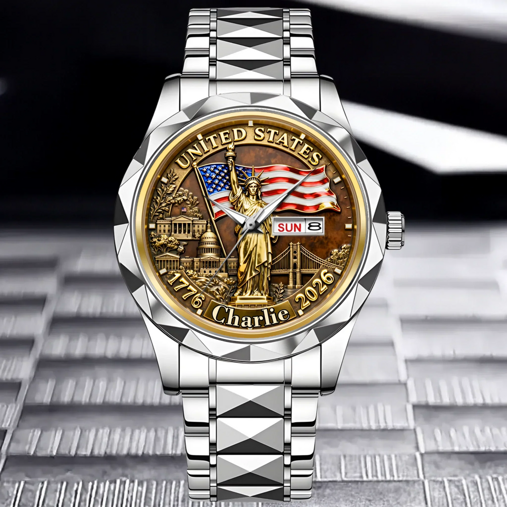 Personalized Gold Wrist Watch with USA Flag Custom Name Gift for Him