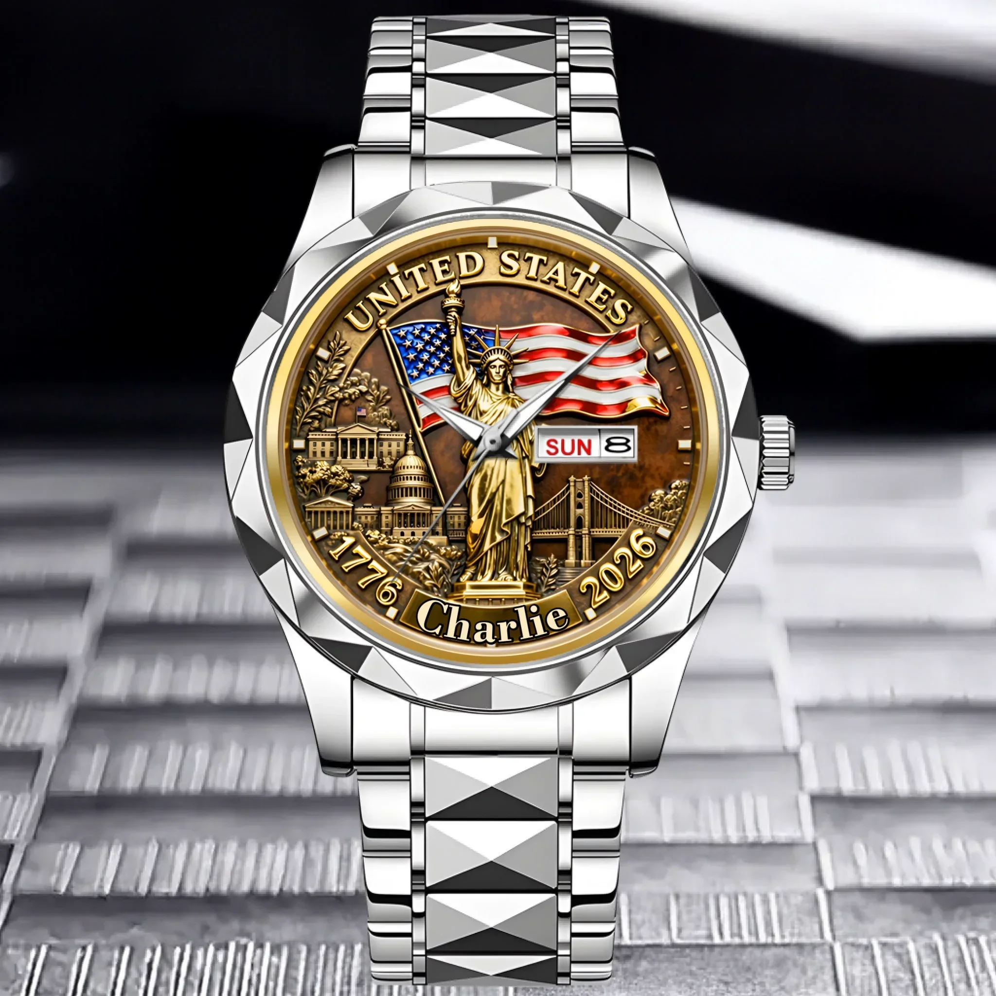 Personalized Gold Wrist Watch with USA Flag Custom Name Gift for Him