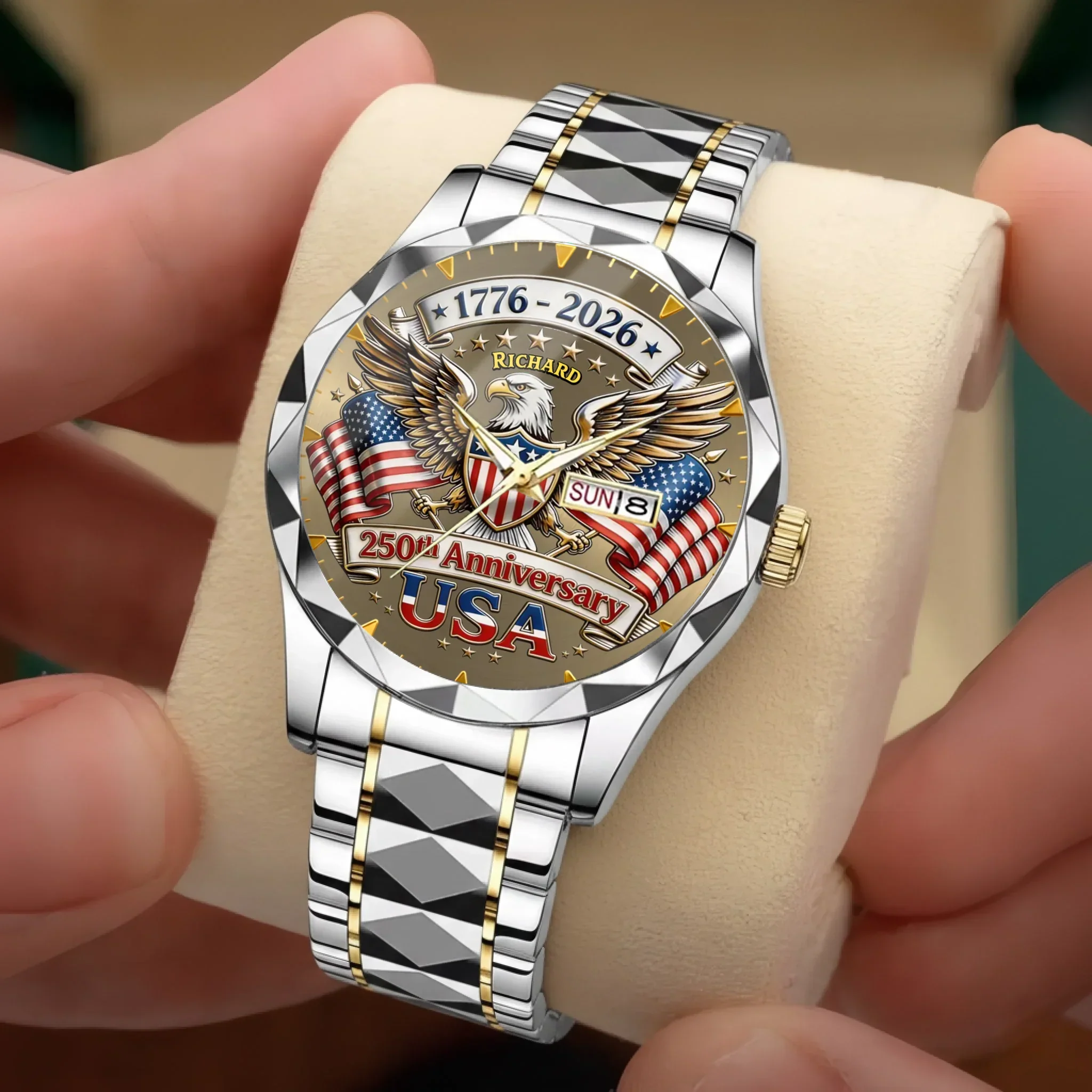Personalized 250th Anniversary Eagle Men's Wrist Watch Gift for Patriots