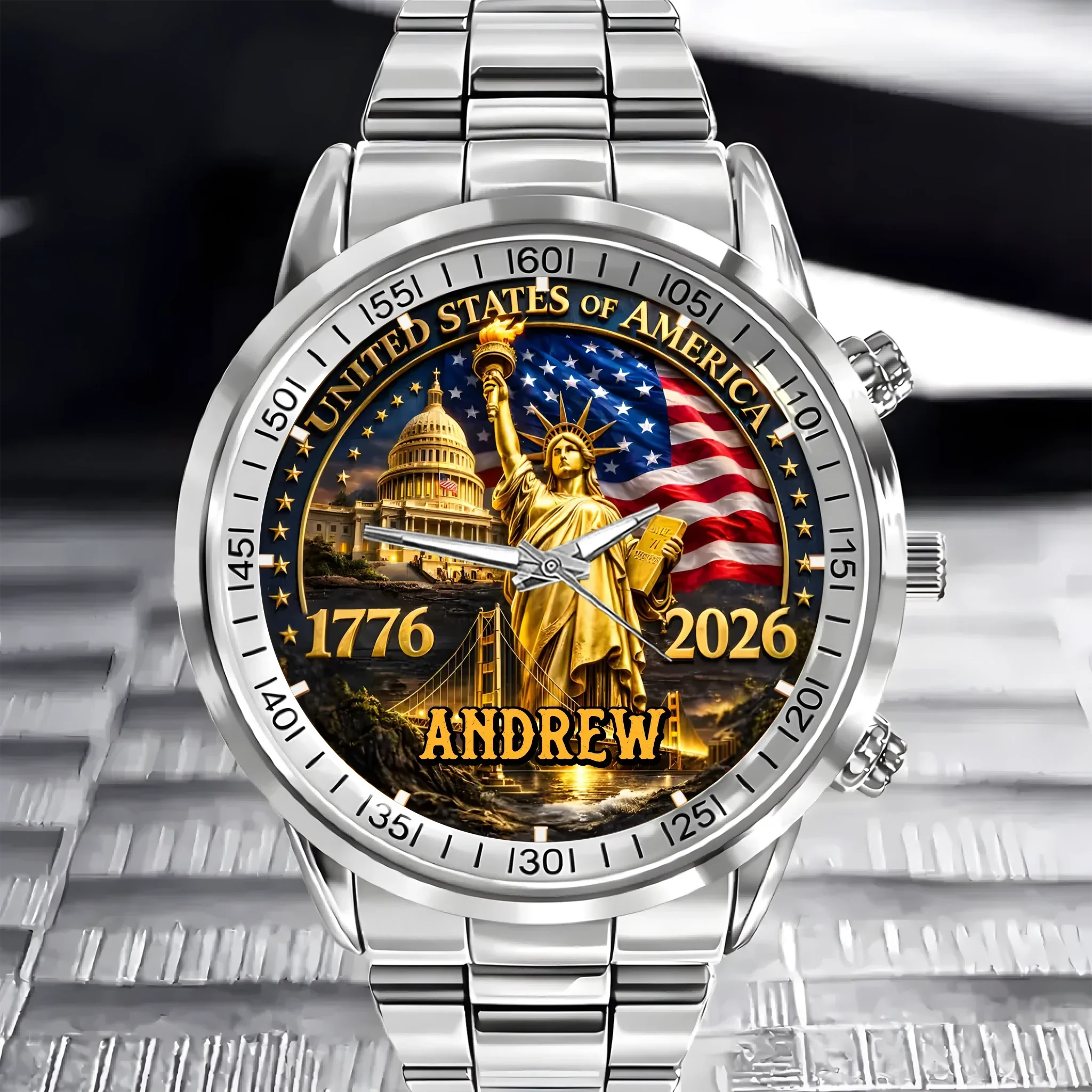 Personalized Men's Wrist Watch with Statue of Liberty Design for Dad | Unique Independence Day Gift