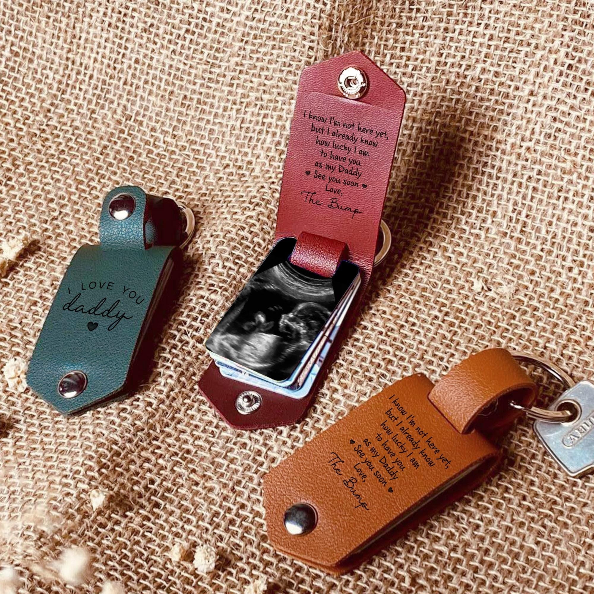 Personalized Baby Ultrasound Photo Leather Keychain Gift for New Dad HN590 - Leather Keychain fix GradoCreations
