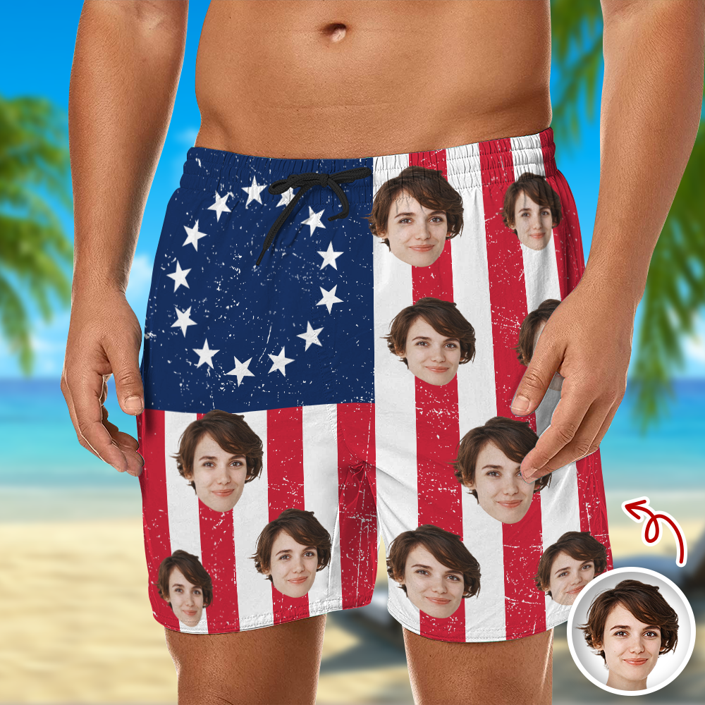 Personalized Funny Face American Flag Beach Shorts Gift for Dad HN590 - Beach-Shorts GradoCreations